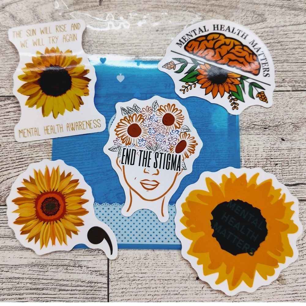 Mental‎ Health Awareness Stickers Sunflower Semicolon End The Stigma 5pc Set